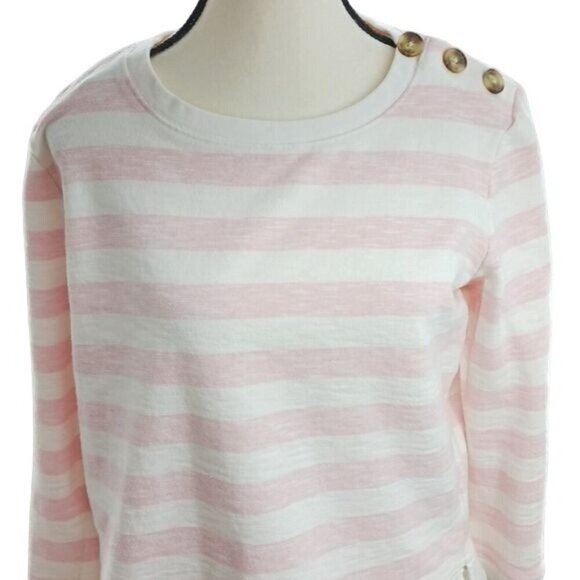 Talbots Womens Medium Sweater Pink White Stripe Button Shoulder Pullover Top - Picture 3 of 7